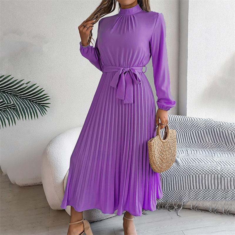 Women Long Sleeve A Line Dress High Waist Stand Collar Pleated Solid Long Dress Autumn Winter Sizes S To XXXL