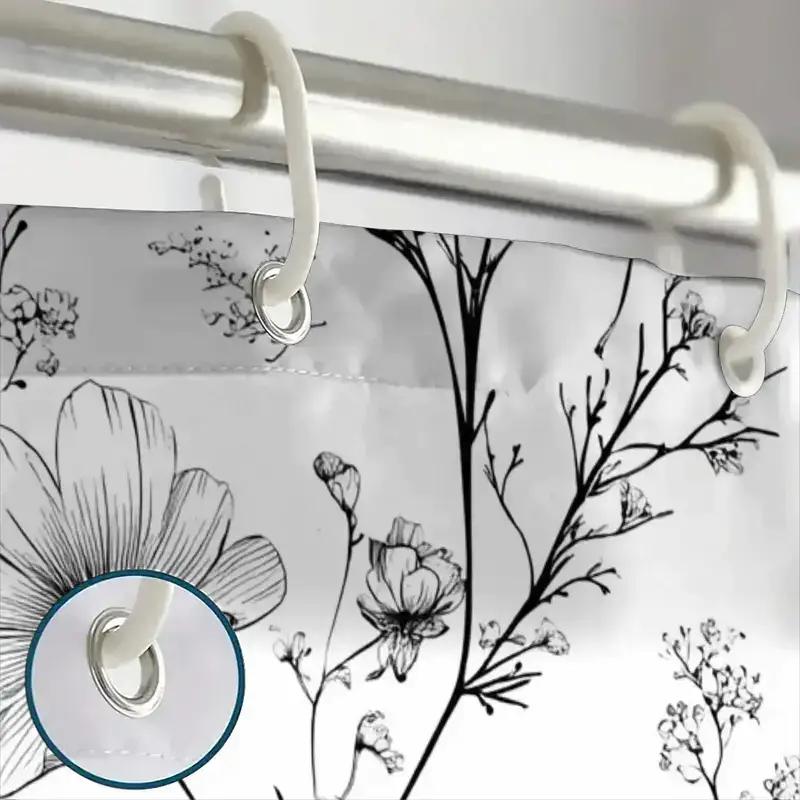 Minimalist Floral Shower Curtain Black Line Art Wildflower Pattern Modern Bathroom Decor Waterproof Printed Bath Curtain Home