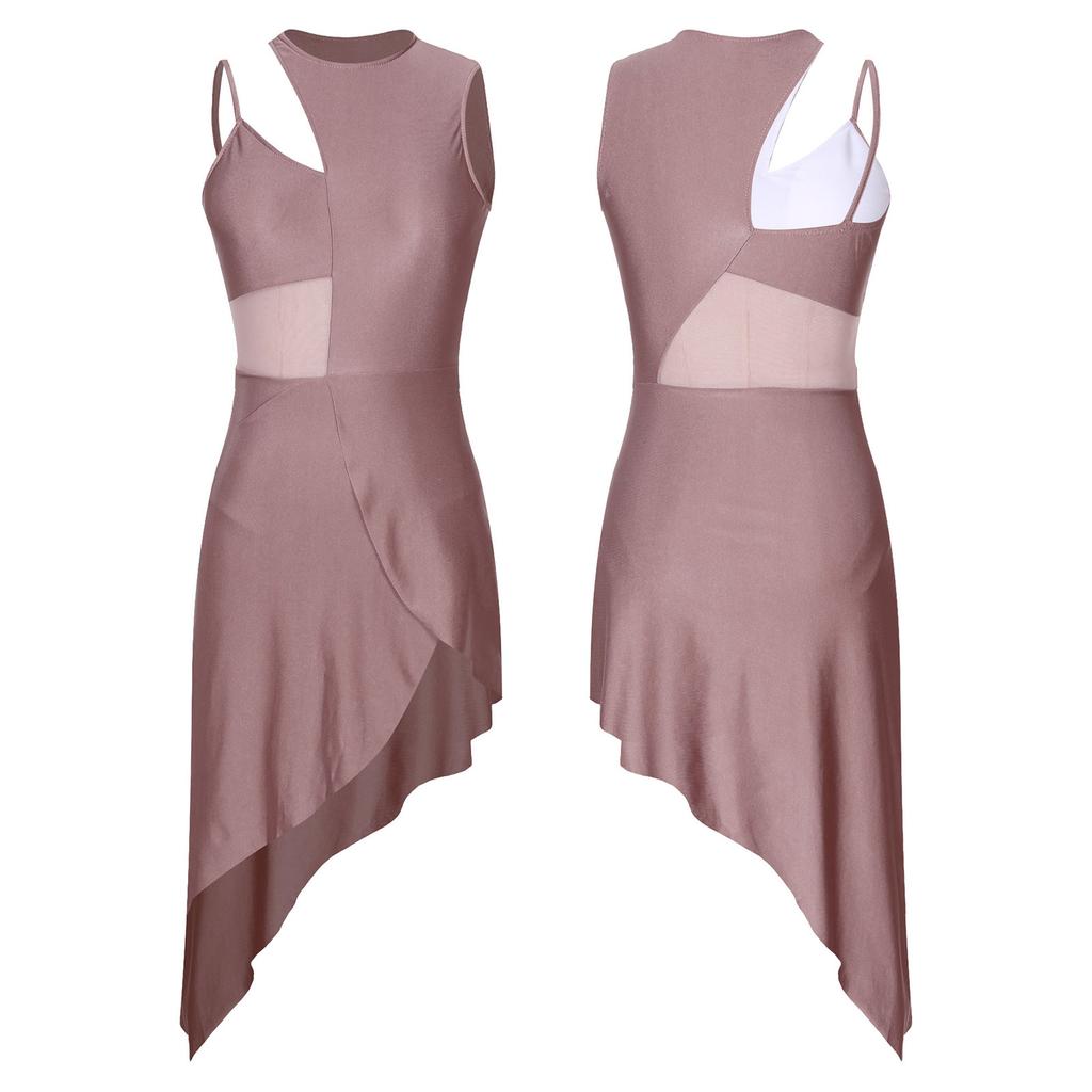 Womens Dance Leotard Dress Sheer Mesh Patchwork Sleeveless Asymmetrical Hem Dress Skating Latin Dancewear
