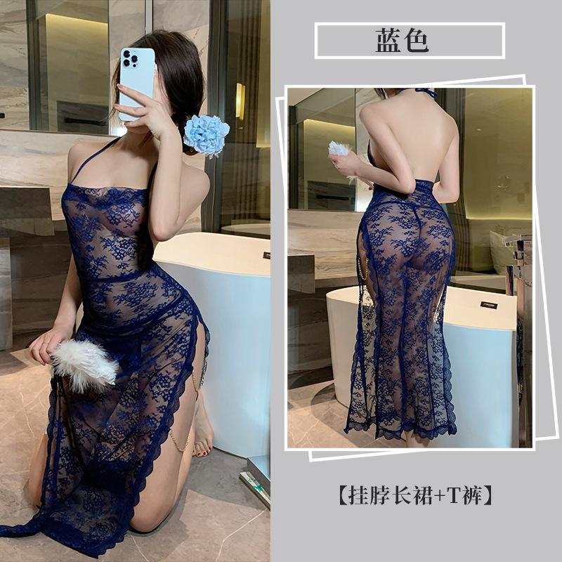 Sex underwear lace suspender long dress pure desire temptation perspective uniform qqny set 949