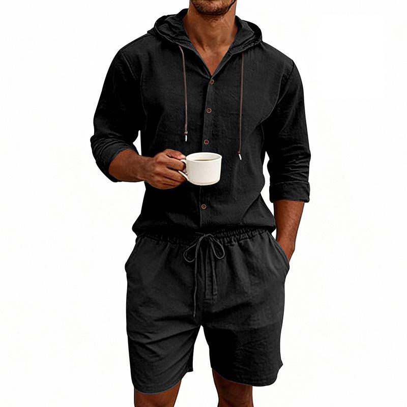 Men's Linen Casual Hooded Shirt & Shorts Set - Breathable, Long-Sleeved, Two-Piece.