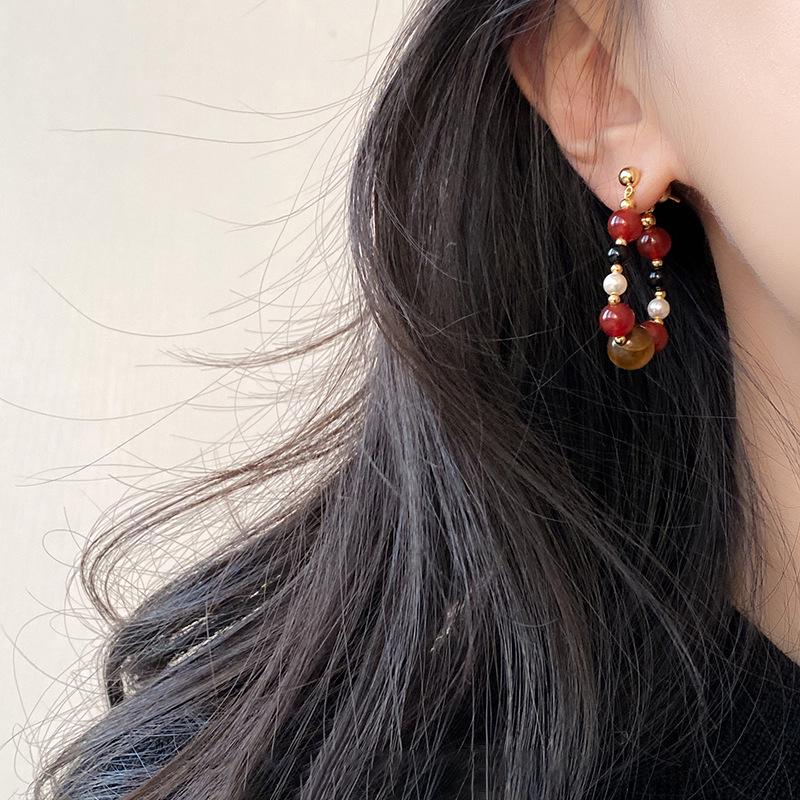 Merade Silver Needle Black Agate Tiger Eye Pearl Stud Earrings - Retro Light Luxury Design