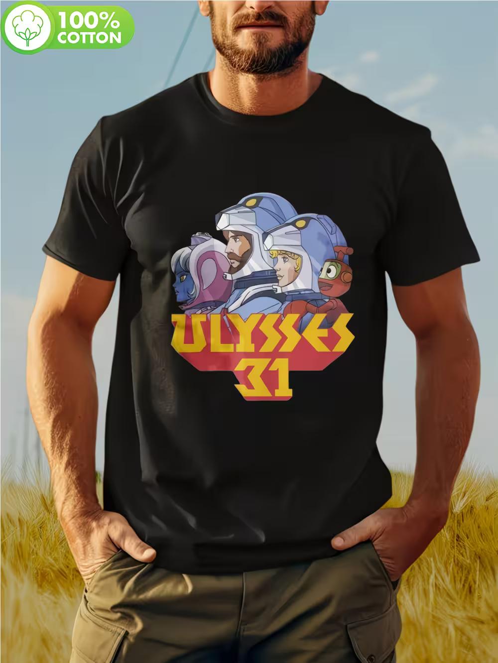 Men s Heavyweight 100% Cotton Ulysses 31 Anime T-Shirt - Vintage 80s Retro Space Adventure Crewneck Tee with Iconic Characters (Ulysses M