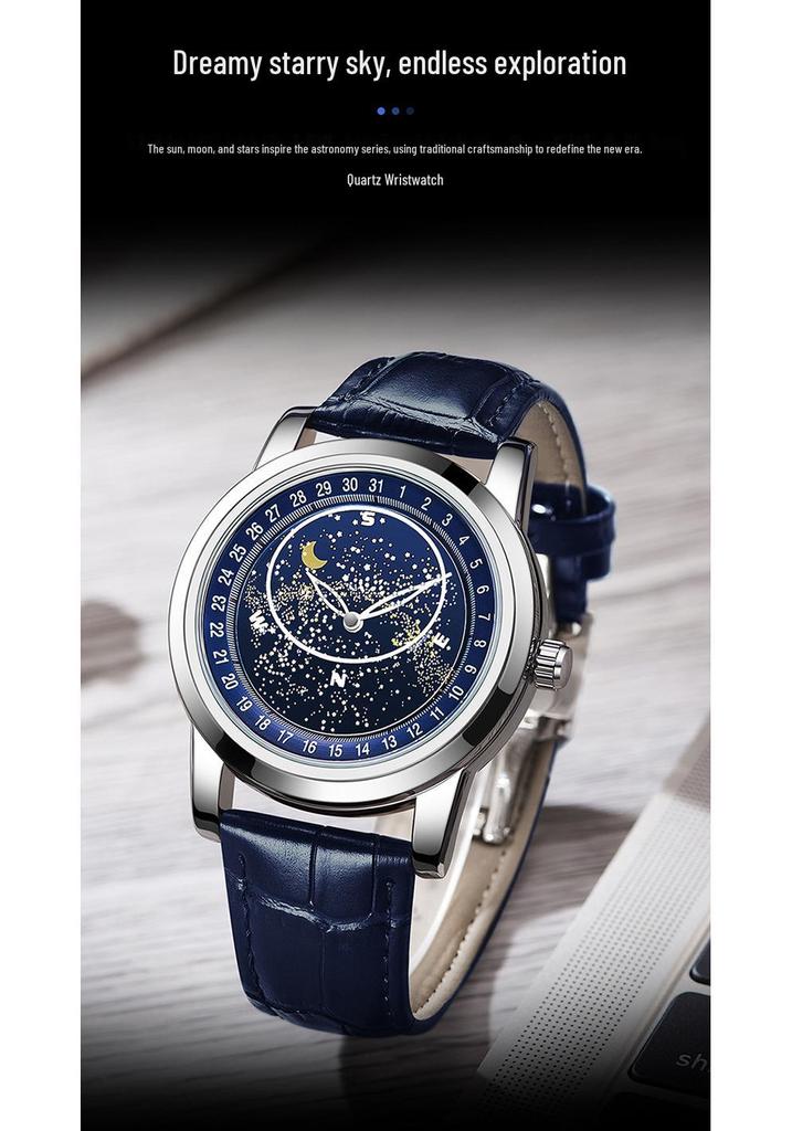 Sanda 7002 Men's Luminous Quartz Watch with Leather Strap & Rotating Starry Sky Dial