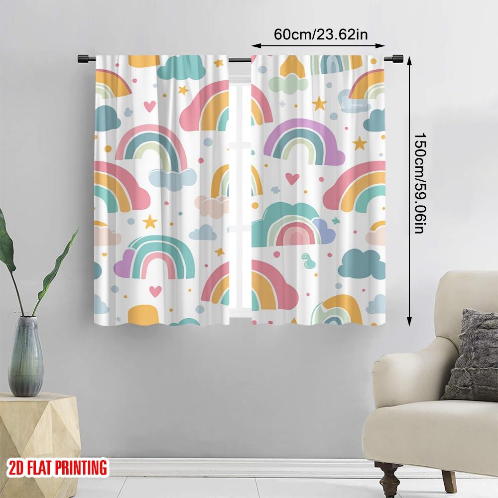 2D Flat Printing 2pcs Curtain Cute Rainbow Cloud Stars Digital Printed Polyester Drapes Holiday Decorations Perfect for Holiday