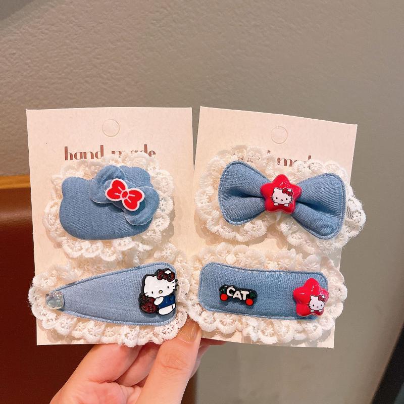 2Pcs Cartoon Sanrio Hello Kitty Hair Clip Cute Sweet Girls Headdress Set Denim Blue Bow Forehead Hairpin Kawaii Children Gifts