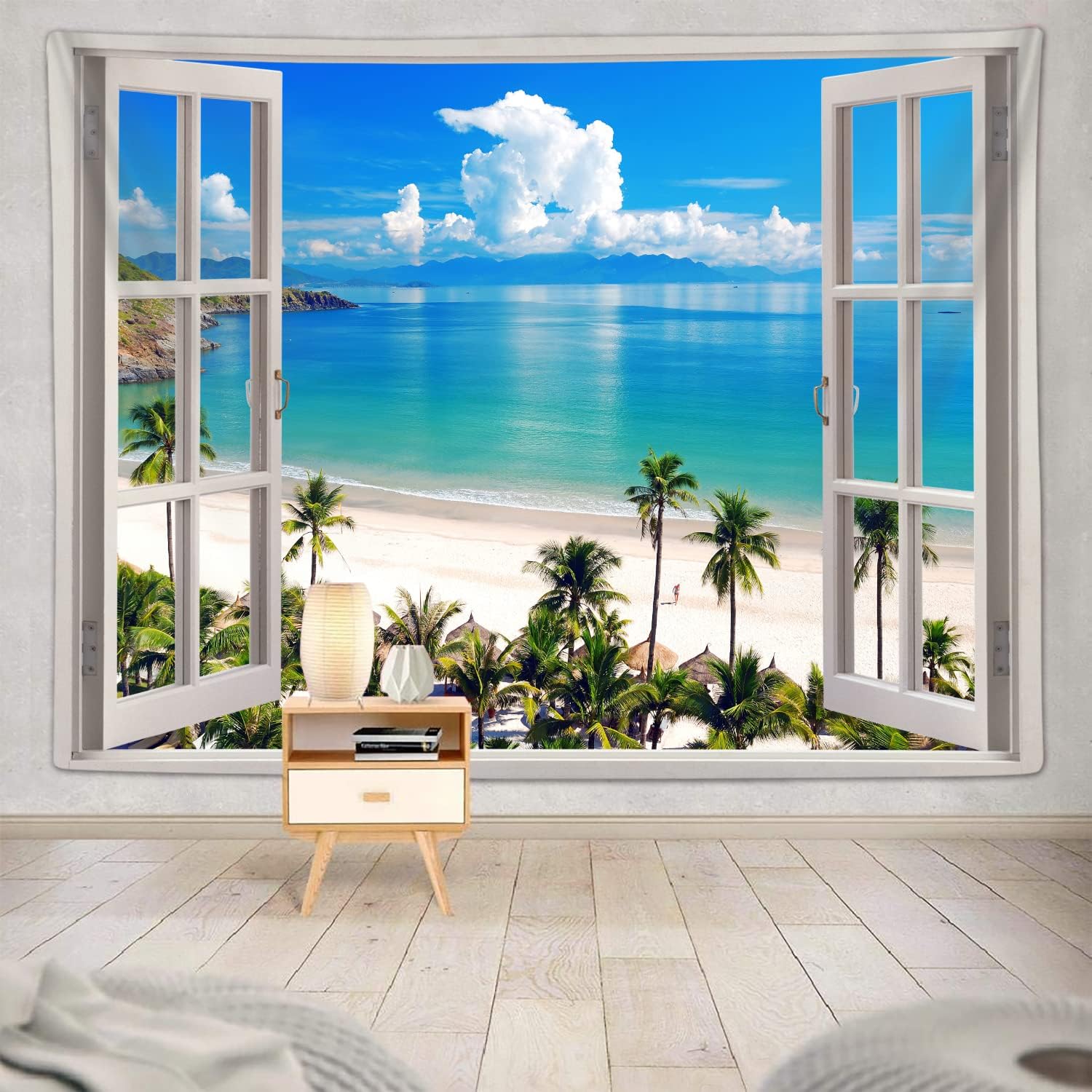 YISUMEI Ocean Beach Tapestry, Hawaii Sea Nature Fake Faux Window Art Tapestries Wall Hanging for Bedroom College Dorm Living Tropical Summer Room Offi 100X70CM