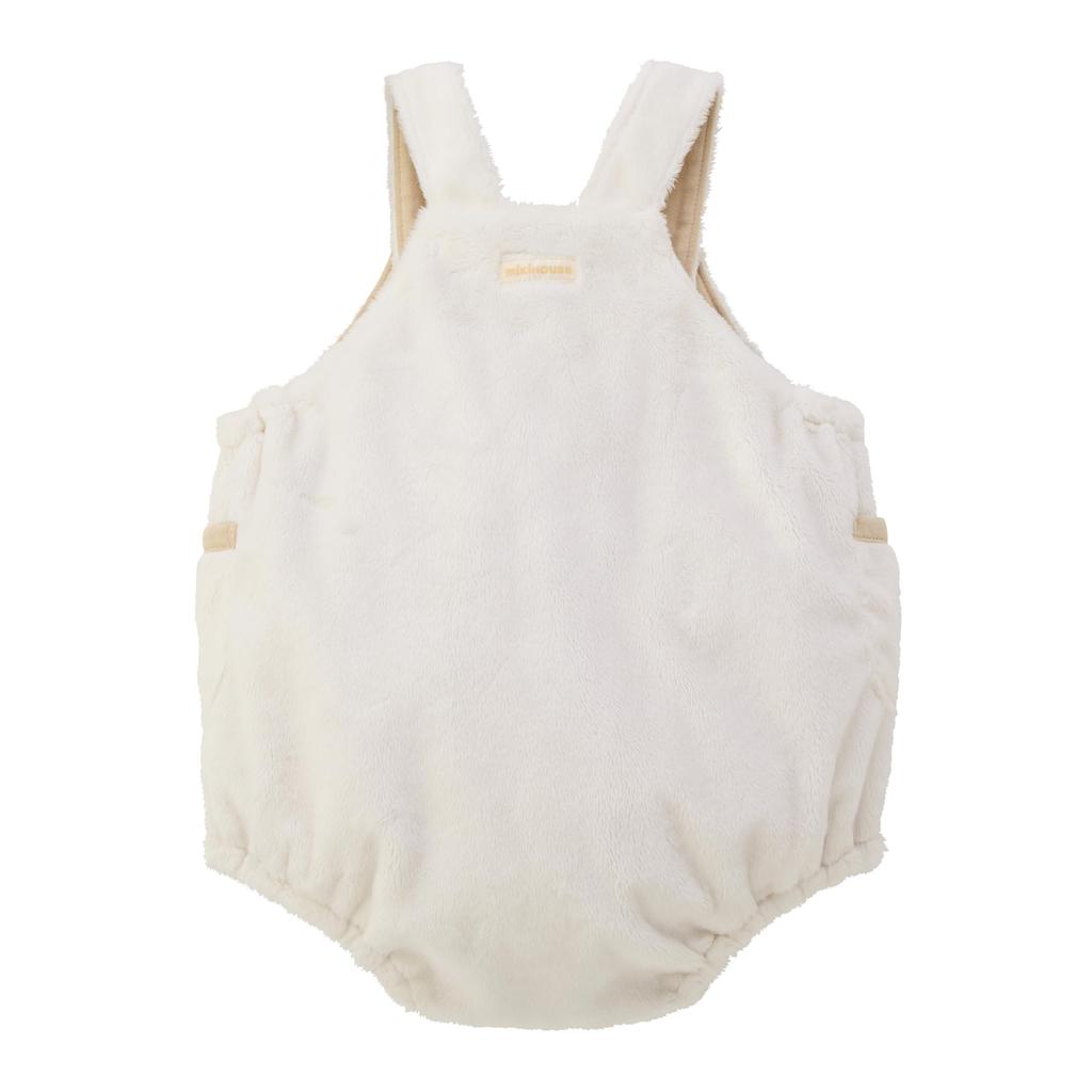 MIKIHOUSE 43-1501-794 Microfur Baby Romper M White Logo Print Warm Winter Bodysuit 80-90cm Boys Girls Kids Clothing Snap Closure Adjustable Straps