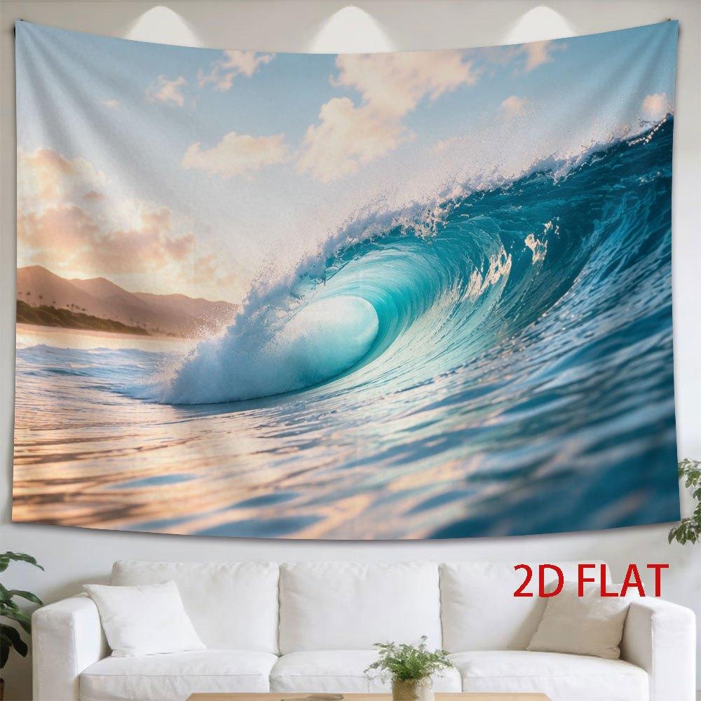 2D Flat, 1pc 2D Flat Tapestry A Stunning Ocean Wave Curls into a Blue Tunnel, Bathed in the Warm Glow of Sunset., 2D Flat