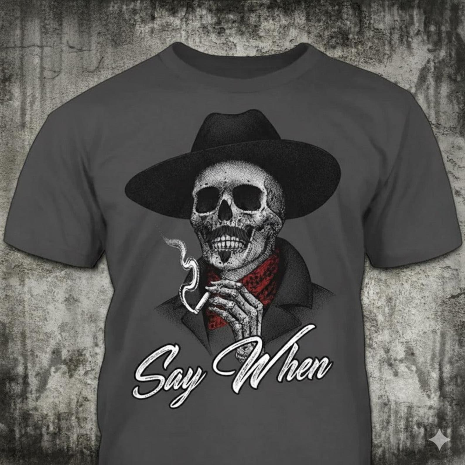 Say When - Distressed Skeleton Cowboy T-Shirt: Classic Western Movie Quote M