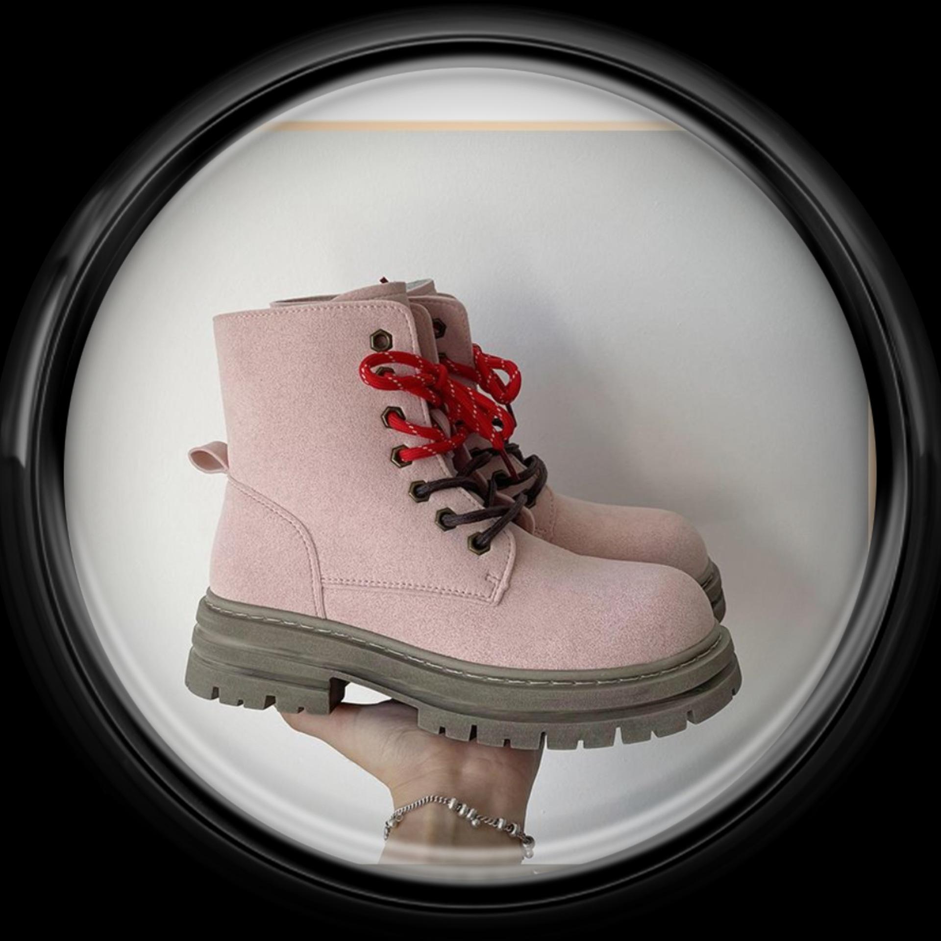 

British thick heel platform Martin boots women s 2024 winter new versatile double color ribbon short Martin boots 35 розовый