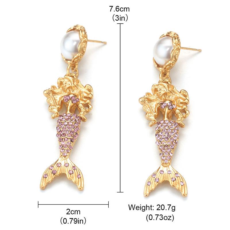 Medieval vintage mermaid Ji 925 silver needle stud earrings mermaid French light luxury fashion design earrings pink inlay