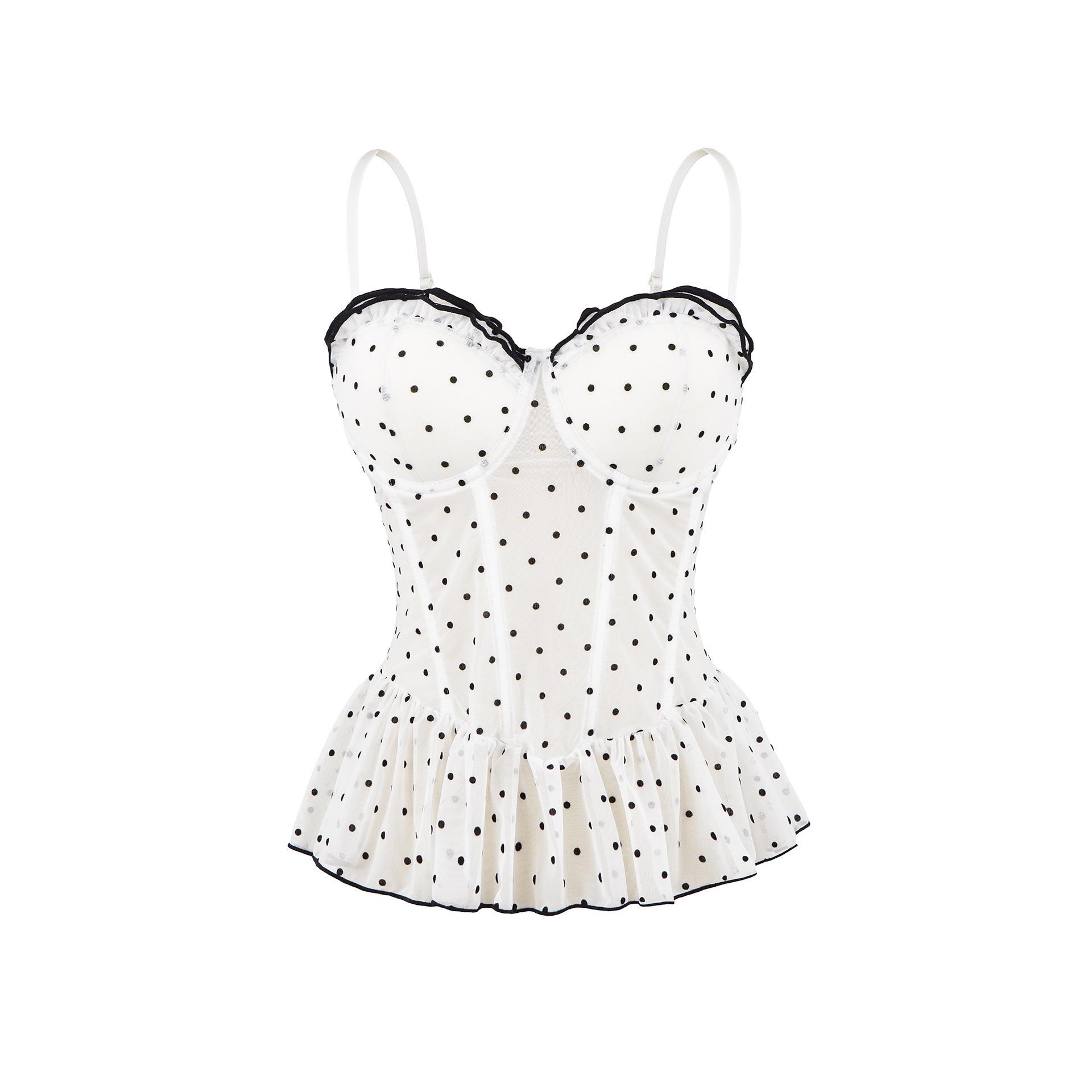 2026 Корейский стиль Топ-бандо в горошек из сетки с мягкими чашечками и косточками, подчеркивающий фигуру, с оборкой One Size белый