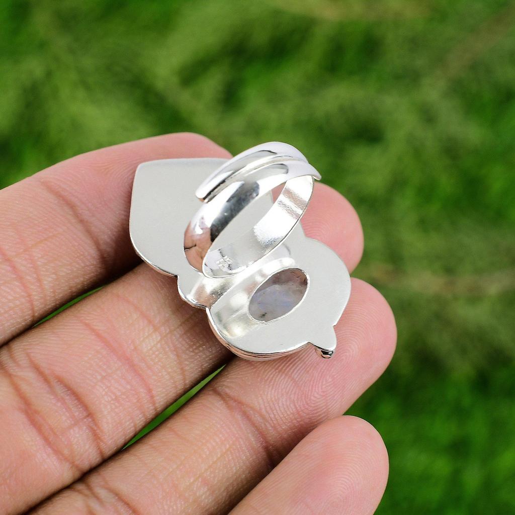Natural Rainbow Moonstone Promise Bird Adjustable Ring 925 Silver For Women