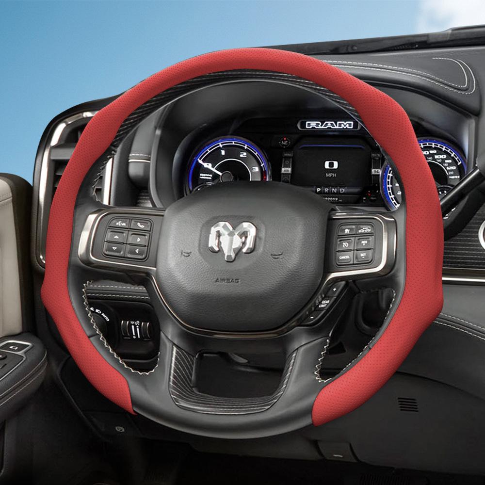 Zkfan8 Suitable for Ram Perforated Leather Steering Wheel Cover, Non-Slip, Sweat-Absorbent, Breathable, Integrated Snap-On Protective Cover for Pickup