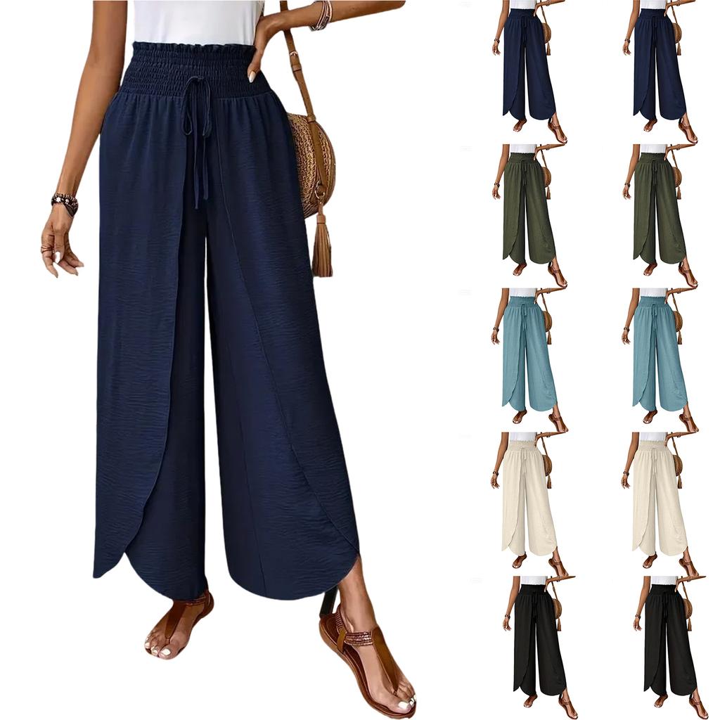 Women's Elastic Waist Irregular Hem Wide Leg Casual Pants Solid Color Loose Straight Pants