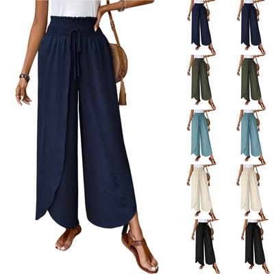 Women's Elastic Waist Irregular Hem Wide Leg Casual Pants Solid Color Loose Straight Pants