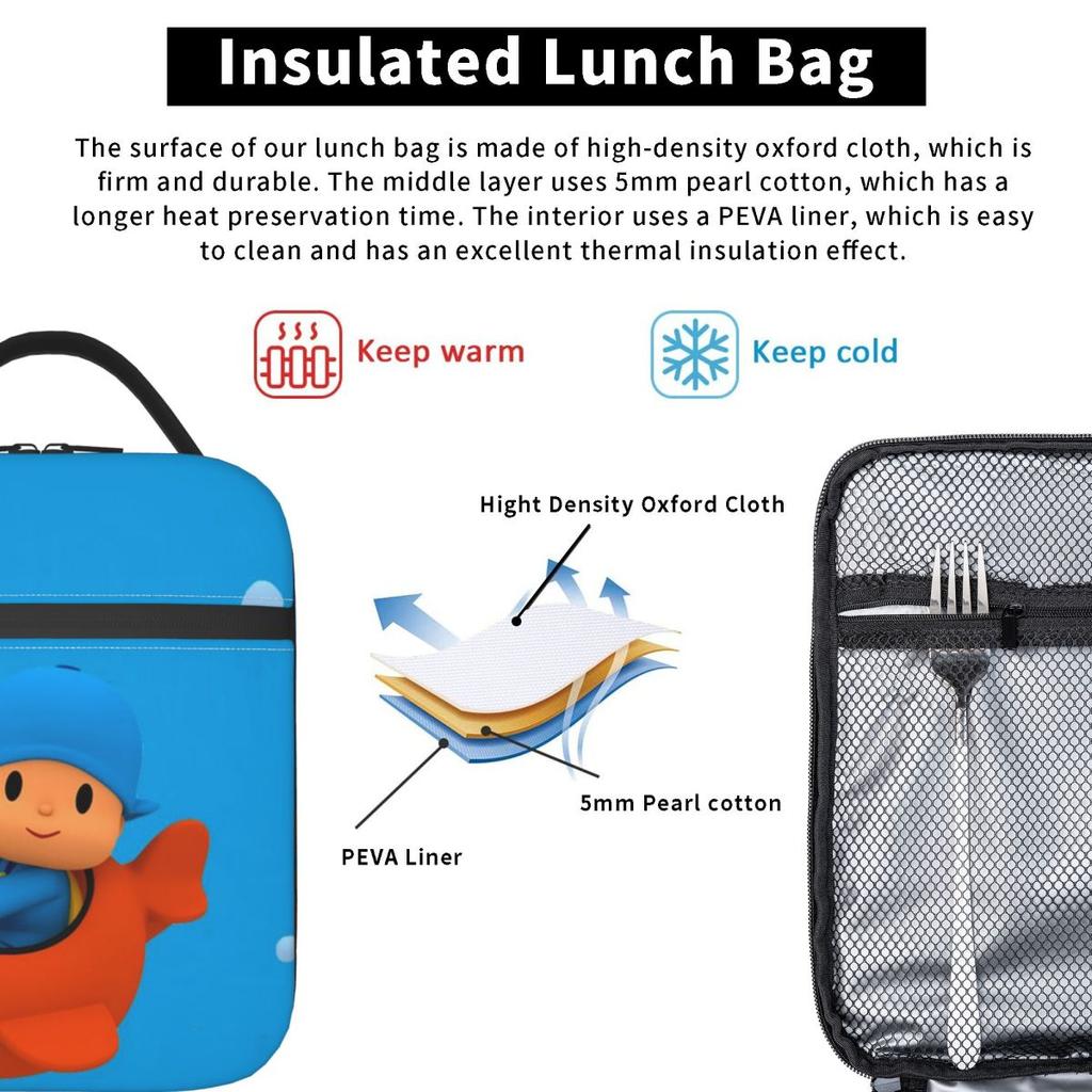 Blue Pocoyo Kids Cartoon Insulated Lunch Bag for Women Kids Leakproof Food Boxes Thermal Lunch Box Tote