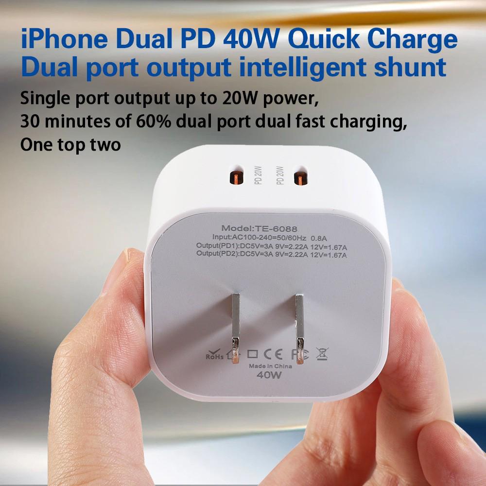 40W Dual-Line PD Fast Charger Type-C Dual-Port Flash Charge Travel Adapter