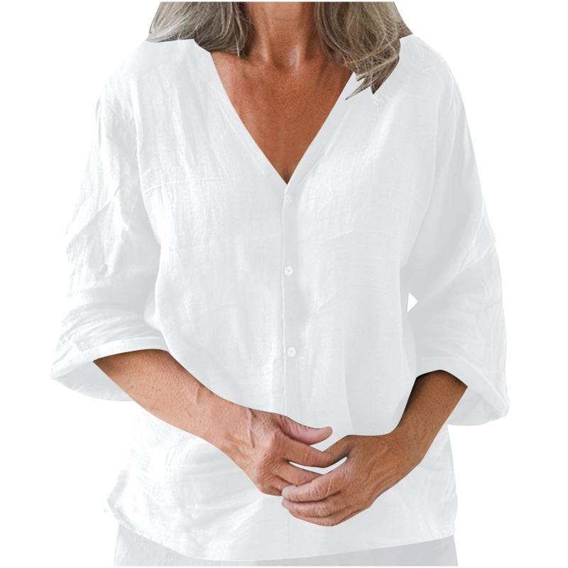 QICED Women's Fashion Casual Solid Color Print 3/4 Sleeves V Neck Blouses & Shirts