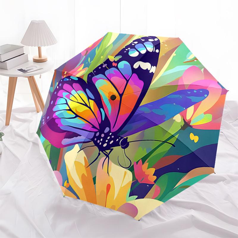 1pc Butterfly Garden Pattern Automatic Folding Umbrella - Compact 8-Rib Design, Durable Plastic & Iron, Lightweight for Outdoor Daily Use