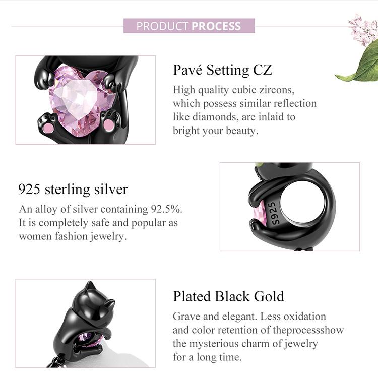 WOSTU 925 Sterling Sølv Søt Liten Svart Cat Charms Perler Rosa Hjerte Zircon For Women Passer Originalt DIY armbånd Smykkegaver