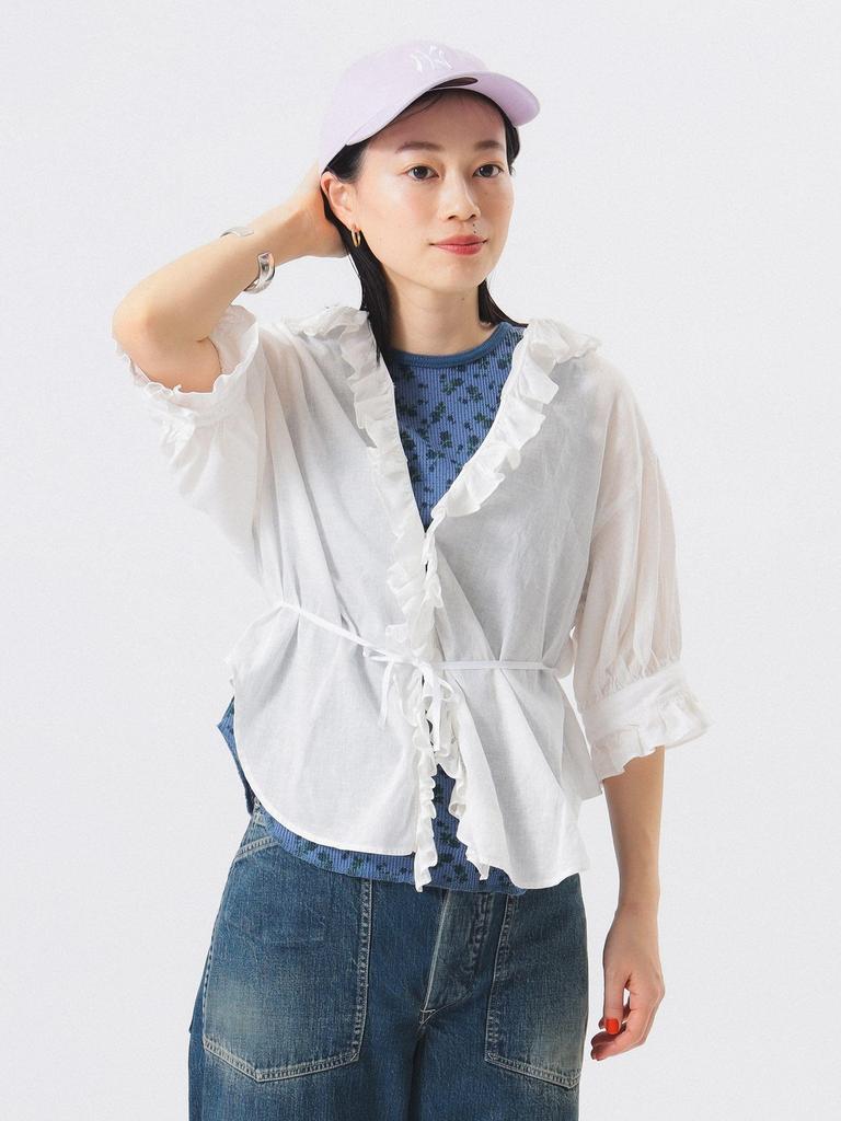 Beams Boy Short Sleeve Cotton Linen Shirt with Ruffles and Gathered One Size Women's Trim, Black,