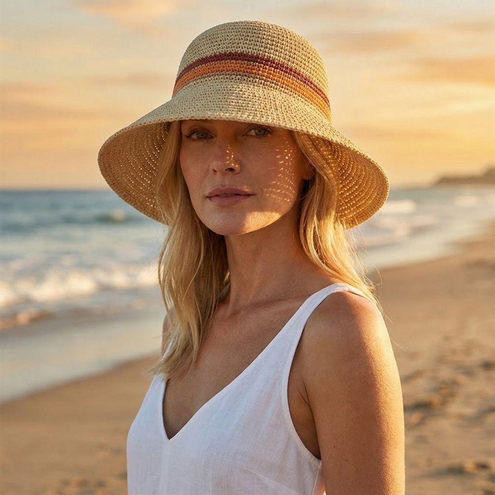 Flat Brim Hollow Straw Cap Contrast Stripes Sun Hat Simple Wide Brim Bucket Hat  Outdoor