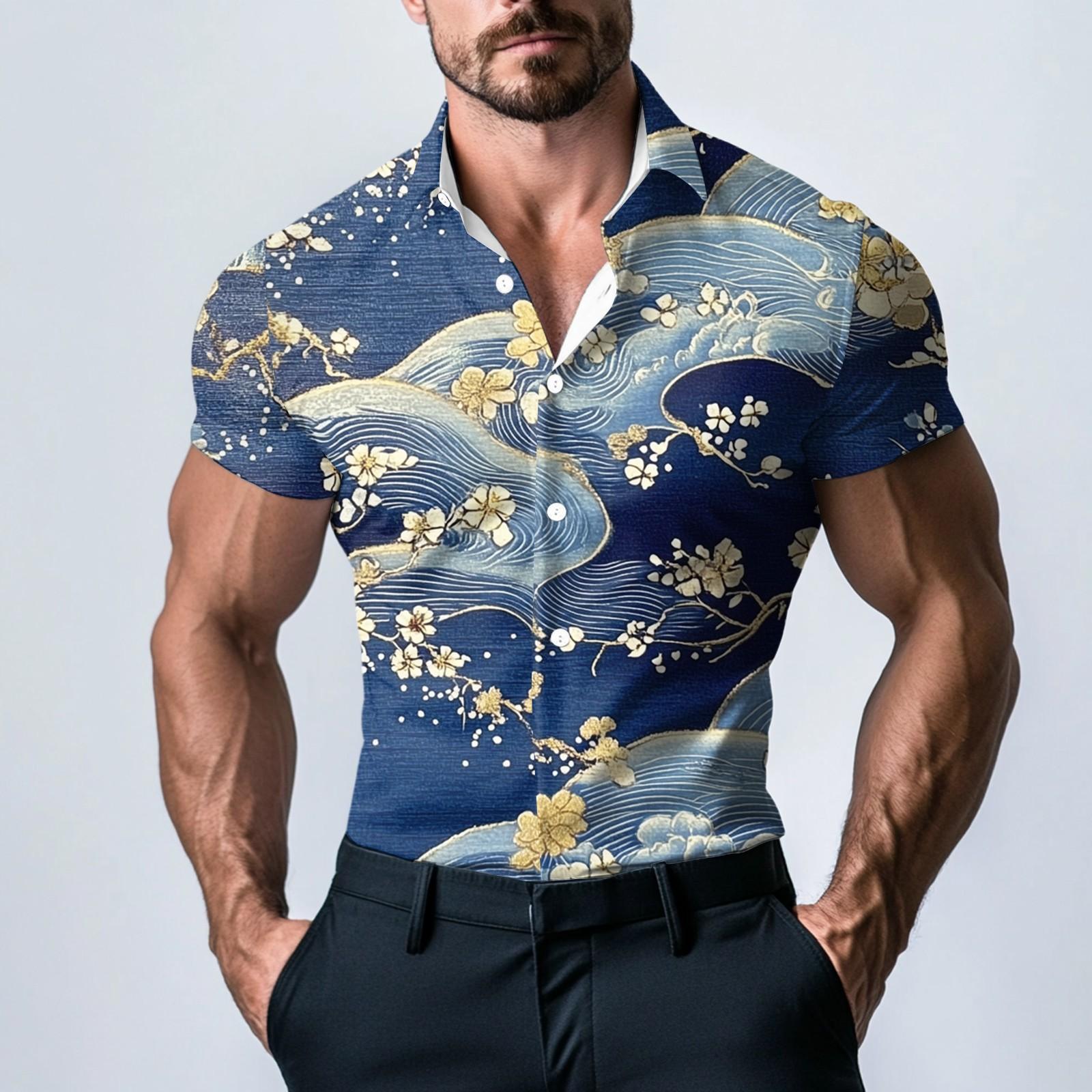 

Мужская модная атласная рубашка с коротким рукавом с принтом XL белый