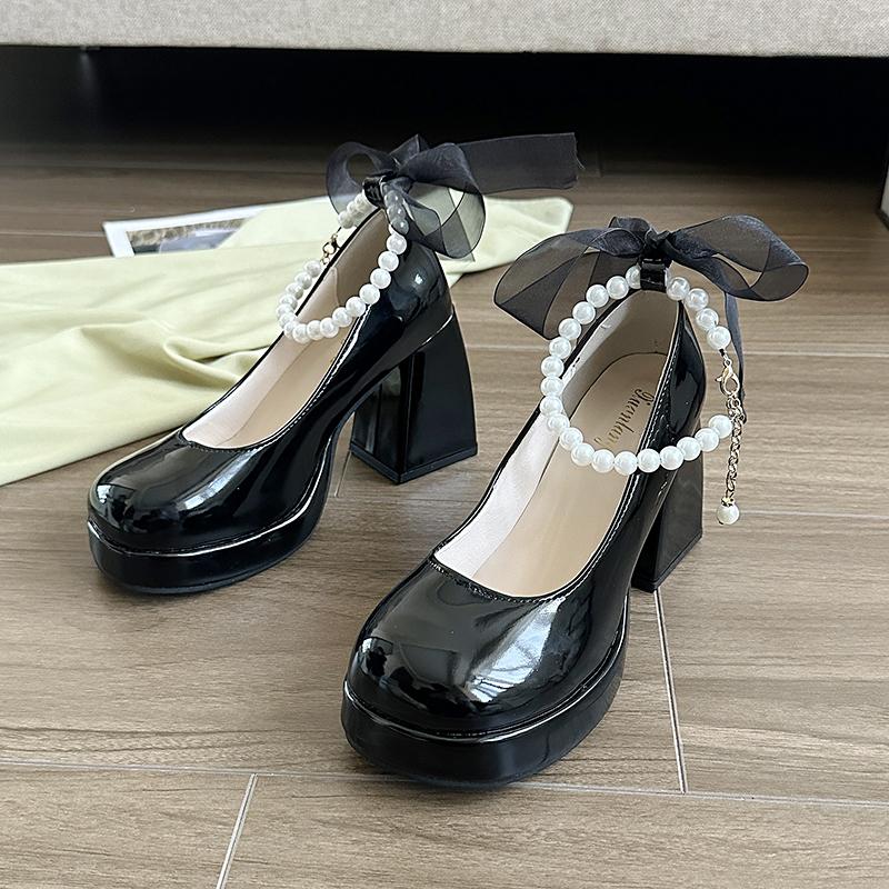Luxury Women High Heels Elegant Bow Square Toe Women Mary Jane Shoes Pearl Lace Party Wedding Shoes Fashion Platform Women Pumps
