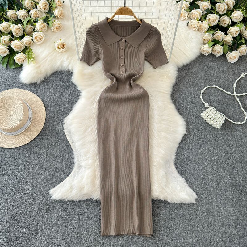 2024 Summer Korean New Elegance Retro Elegant Short Sleeve Polo Collar Waist-Tight Slimming Knitted Hip-Wrapped Dress