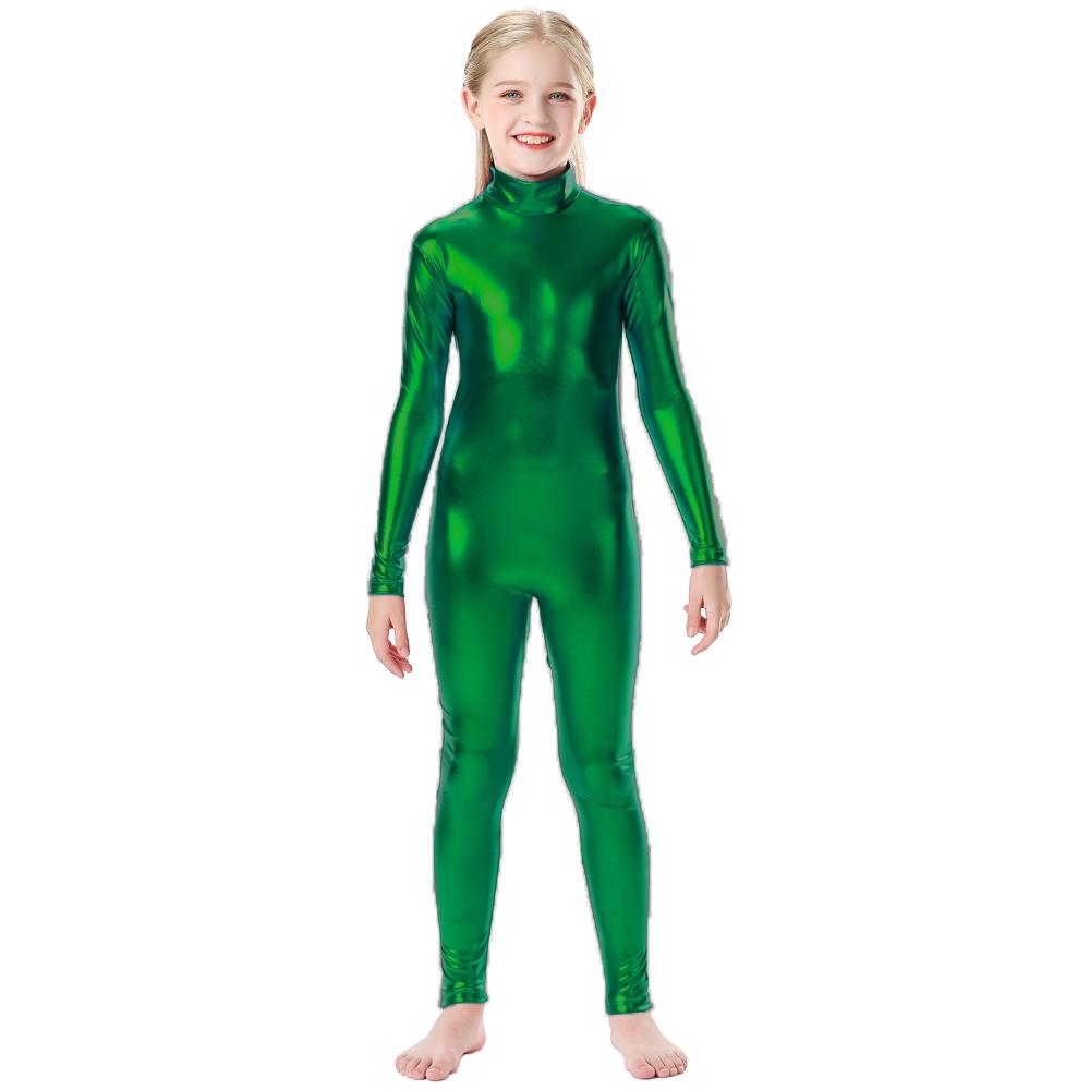 Fete Lucios Metalic Gât Mock Unitard Fermoar Spate Dintr-o Bucată Body Costum Copii Wetlook