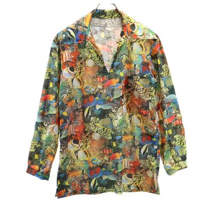 70s Transcription Fish Pattern Long Sleeve Skipper Color Shirt Men's Used