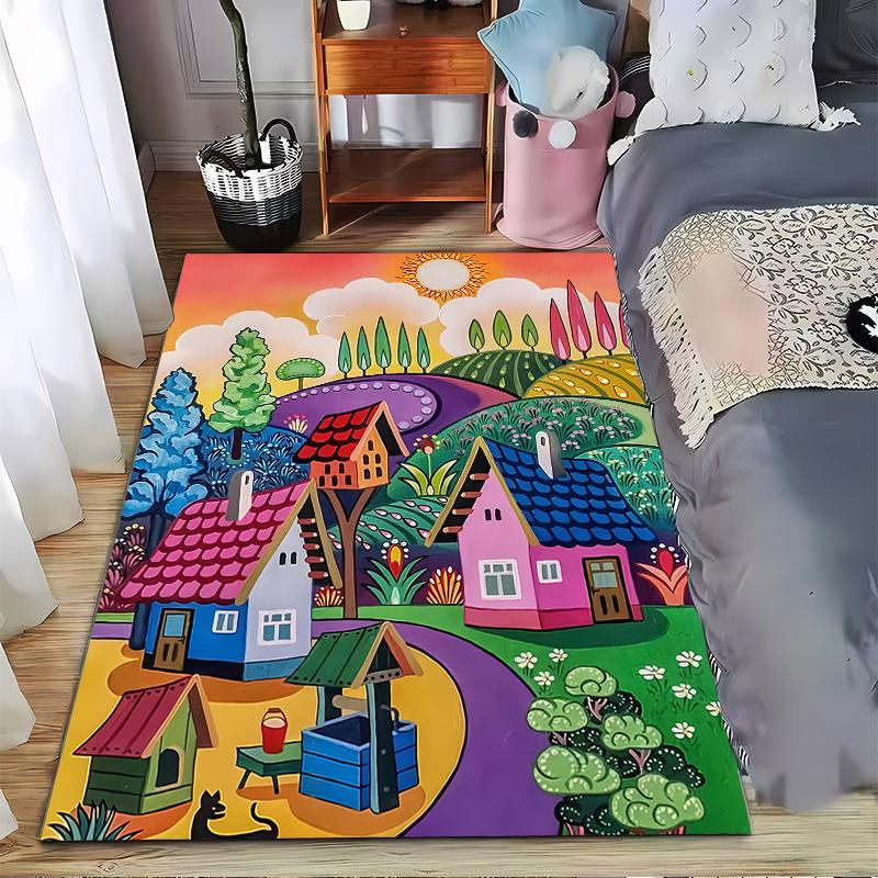 Colorful Fairy Tale Village Landscape Printed Carpet Rug Decor Suitable for Use As an Anti-slip for Living Room Bedroom Sofas