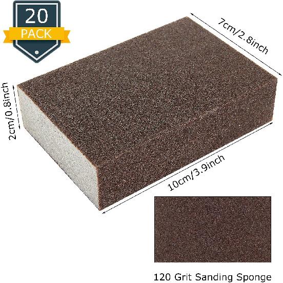 20 Pcs Sanding Sponge, 120 Grit Reusable Sanding Blocks for Wood & Metal Polishing and Kitchenware Cleaning