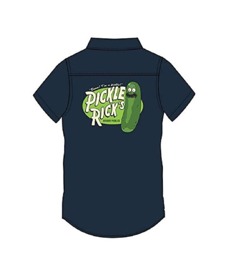 Rick and Morty Adult Unisex Pickle Rick Rick Label Cotton Woven Button Down XXXL