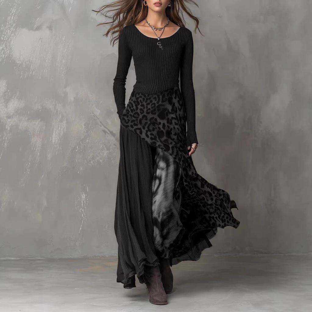 Stylish Leopard Print Patchwork Dress with Elastic Waist and Long Sleeves, Big Hem 2026