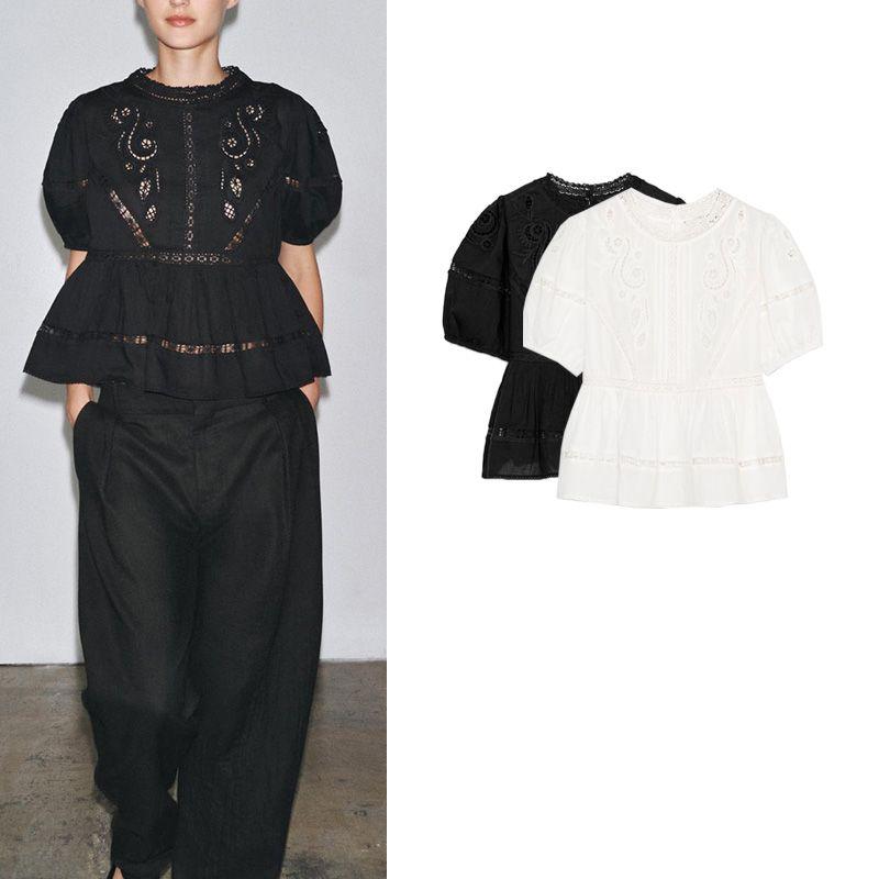 Summer New Arrival Women Clothes Cotton Round Neck Short Sleeve Embroidery Decoration Romantic Style Shirts Top 5107046