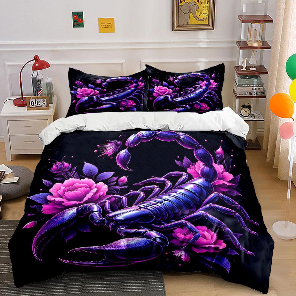 Vivid Scorpion Floral Trio Design Kid'S And Adults' Bedroom Decor, Exquisite Three-Piece Bedding Set Gift