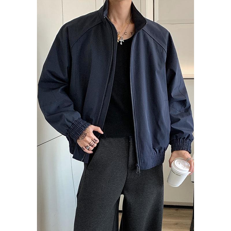 Men Loose Stand Collar Cleanfit Deconstructed Short Bomber Jacket Casual Workwear Outerwear