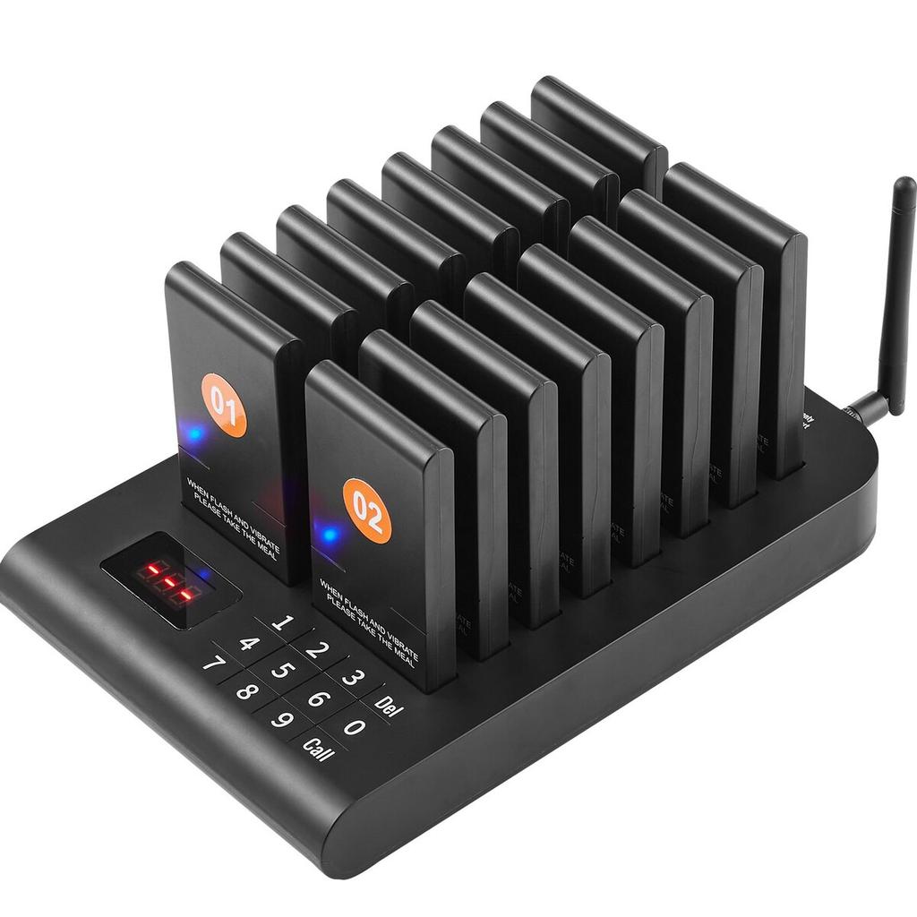 Restaurant-Pager-System, Kabellos 500m Reichweite Aufstell-Warteschlangen-Signal, Gäste-Kunden-Ruf-Piepser mit Vibration & Blinken, 16 Piepser