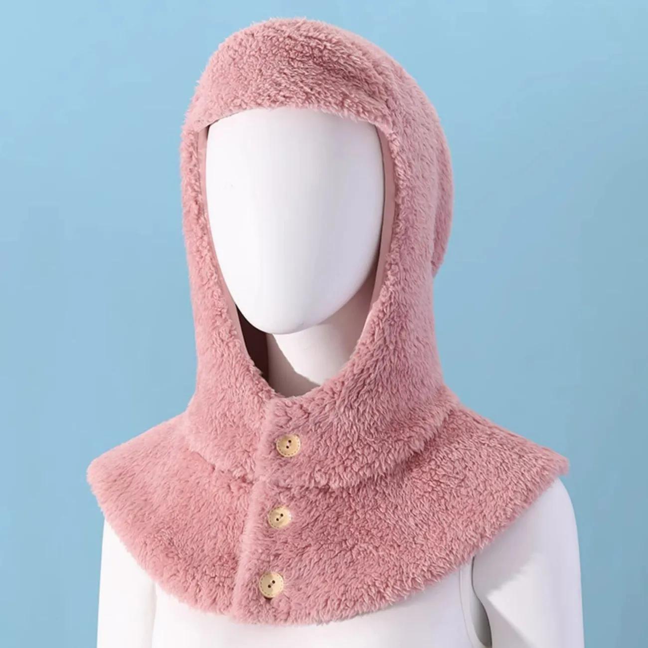 

WTEMPO Autumn Winter Women s Windproof Cold-proof Warm Plush Hats Buttons Shawls Neck/Ear Protection Outdoor Cycling Skiing Faux Fur Hats 1pc*one size розовый