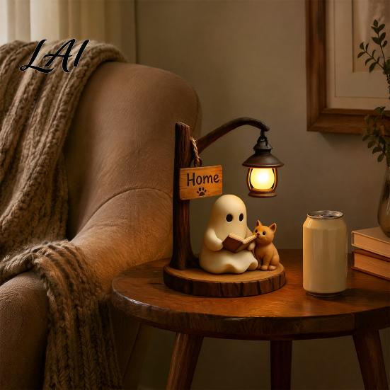 Halloween Ghost Statue Reading Figurine LED Light-up Street Light Resin Decorative Statue Cat Desktop Decoration for Holiday Party Figurine