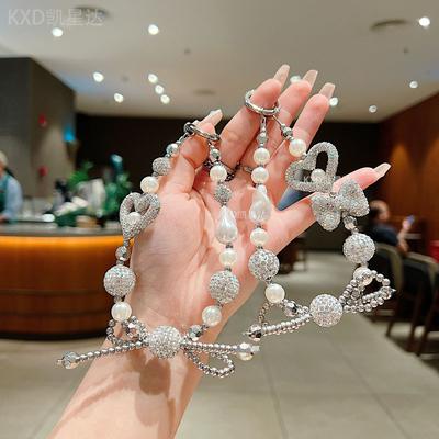 Full Diamond Heart Butterfly Knot Bracelet Phone Strap for Women, Light Luxury Style Handmade Beaded Chain, Shiny Diamond Transparent Wristband