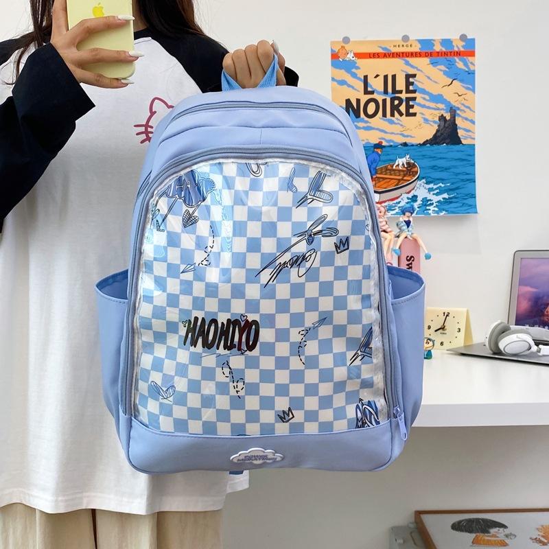 Japanese and Korean casual checkerboard transparent backpack light daily commute large capacity backpack