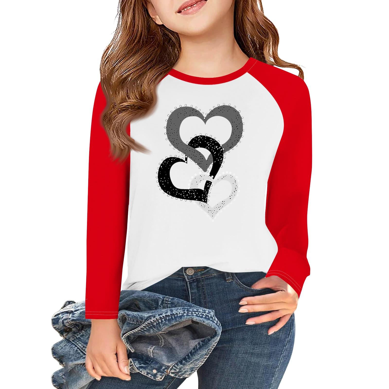 

Футболки с длинным рукавом для девочек Love ко Дню святого Валентина, детские осенние топы с круглым вырезом, базовые футболки для детей 5-14 лет 4