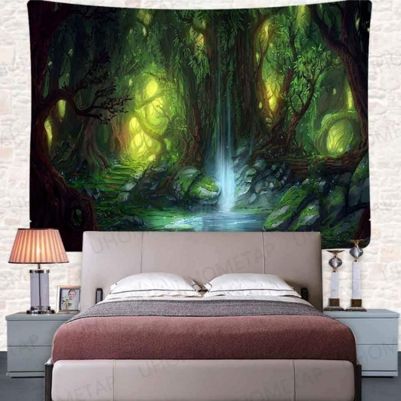 Enchanted Forest Tapestry  Fantasy Tree Nature Landscape Wall Hanging for Home Decor Fairy Tale World Waterfall Picnic Mat