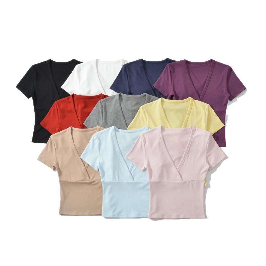Cross Deep V-neck Short-sleeved T-shirt Women's Summer New American Spice Girl Style Solid Color Thin Short Bottoming Top