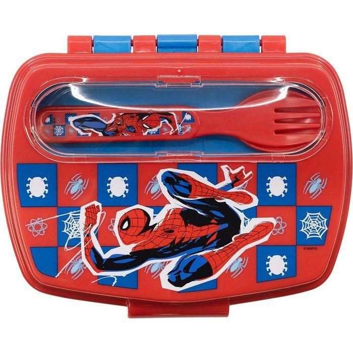 Vehicule Porteur Tataway Boîte à Sandwich Rouge Marvel pour Enfants en Plastique Spiderman Spiderman avec Cuillère et Fourchette