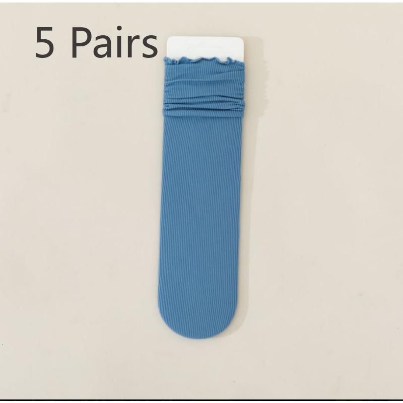 5 pairs of socks women's summer thin mid-calf black and white wooden ear edge solid colour ice ice socks velvet stacking socks